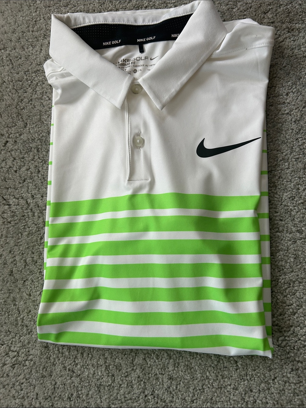 Nike White Polo with Neon Green Stripes and Black Swoosh